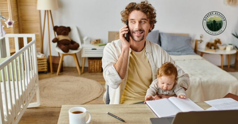 Man working from bedroom with child on lap.